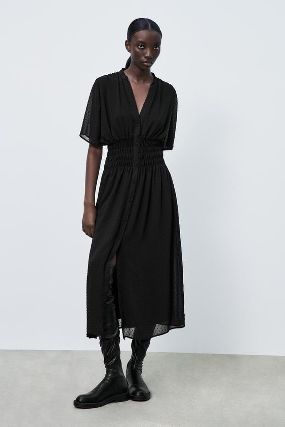 スイスドット柄ミディ丈ワンピース ブラック Zara Japan 日本 スイスドット柄ミディ丈ワンピース ブラック Zara Japan 日本