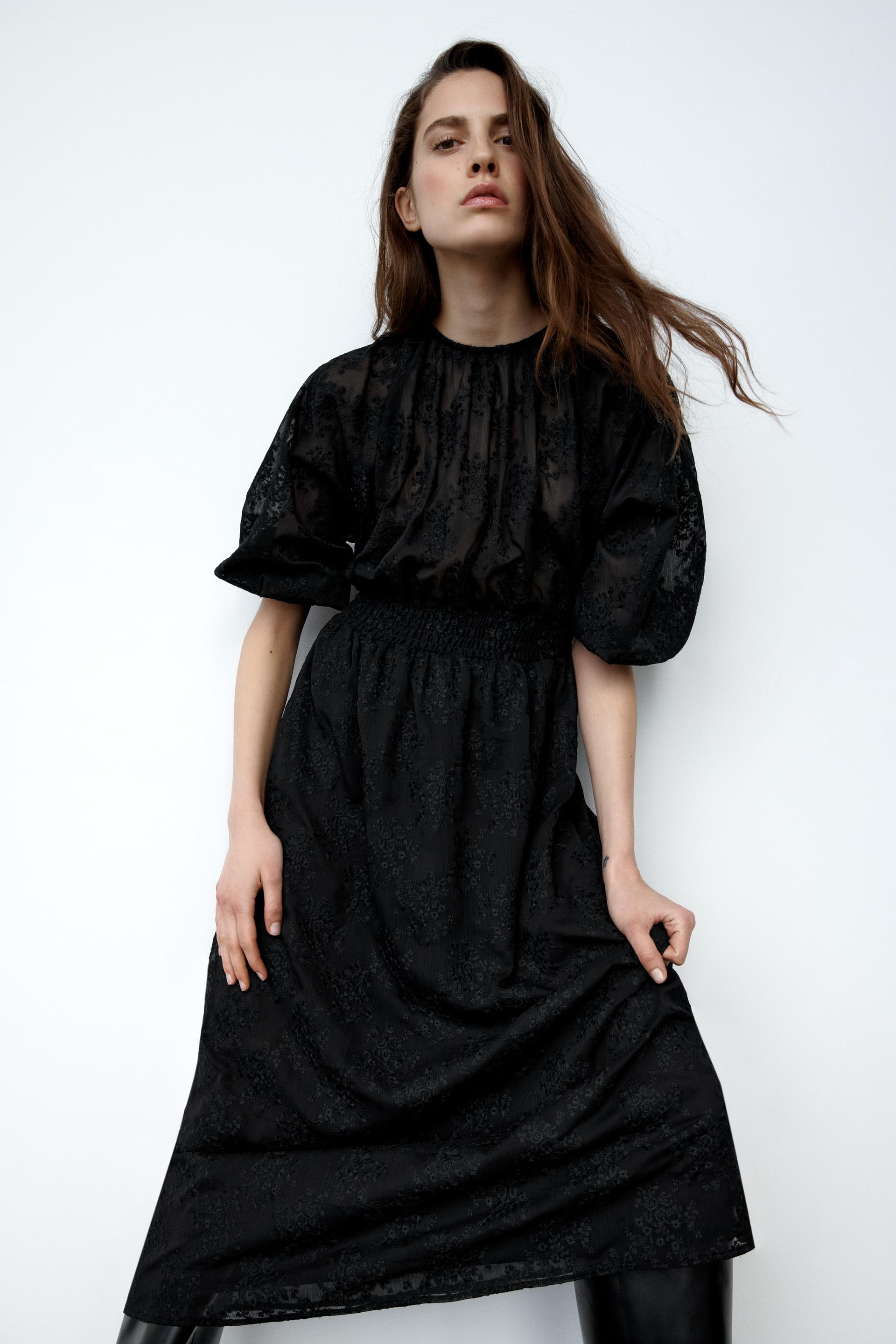 刺繍入りミディ丈ワンピース ブラック Zara Japan 日本 刺繍入りミディ丈ワンピース ブラック Zara Japan 日本