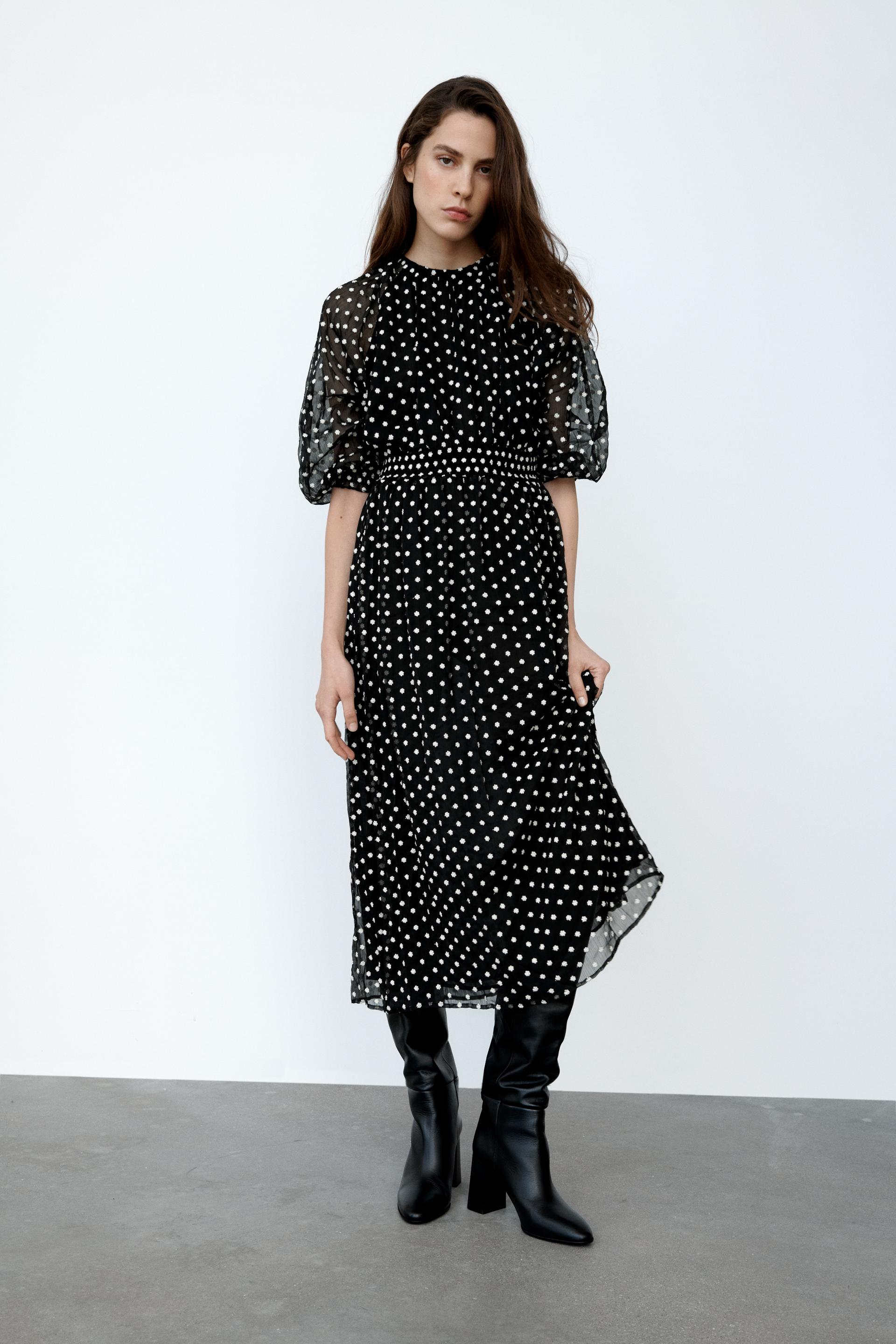 フラワー刺繍入りワンピース ブラック ホワイト Zara Japan 日本 フラワー刺繍入りワンピース ブラック ホワイト Zara Japan 日本