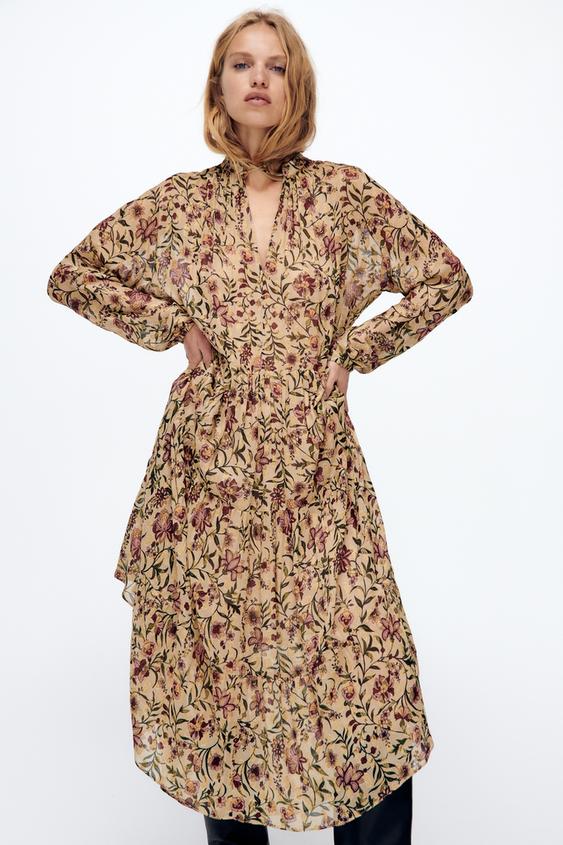 プリント ミディワンピース きつね色 Zara Japan 日本 プリント ミディワンピース きつね色 Zara Japan 日本