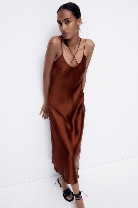 サテン ミディワンピース ブラウン Zara Japan 日本 サテン ミディワンピース ブラウン Zara Japan 日本