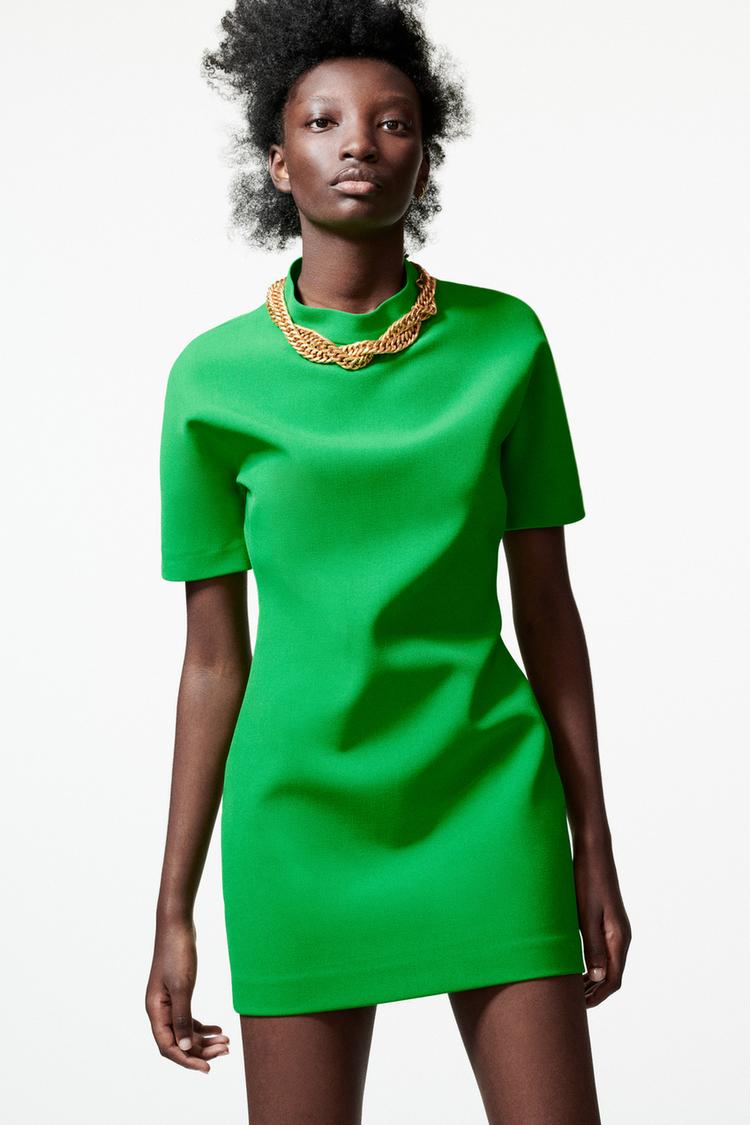 ZARA - HIGH COLLAR MINI DRESS - Neon Green