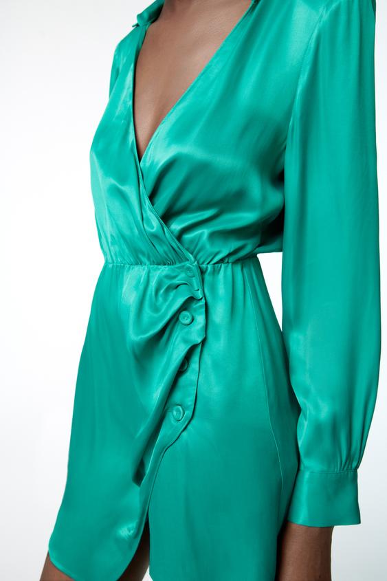 ボタンディテール サテンワンピース ターコイズグリーン Zara Japan 日本 ボタンディテール サテンワンピース ターコイズグリーン Zara Japan 日本