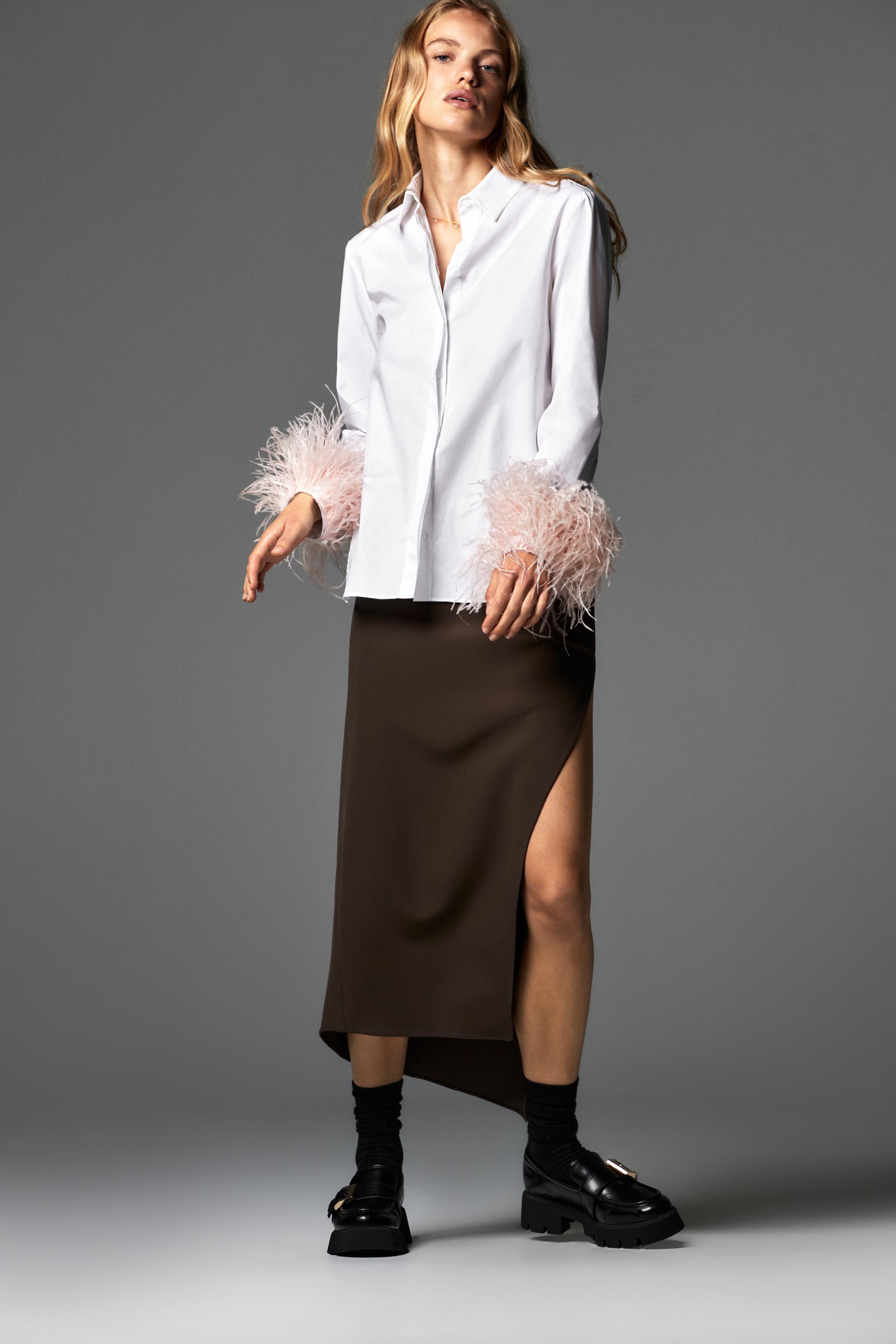 Camisa Popelin Plumas - Blanco Zara Espana