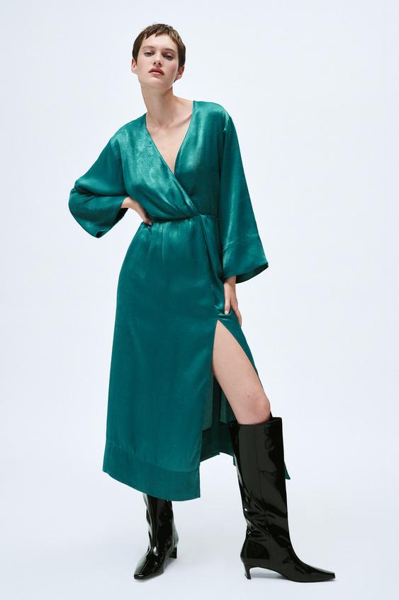 サテン ミディワンピース テールグリーン Zara Japan 日本 サテン ミディワンピース テールグリーン Zara Japan 日本