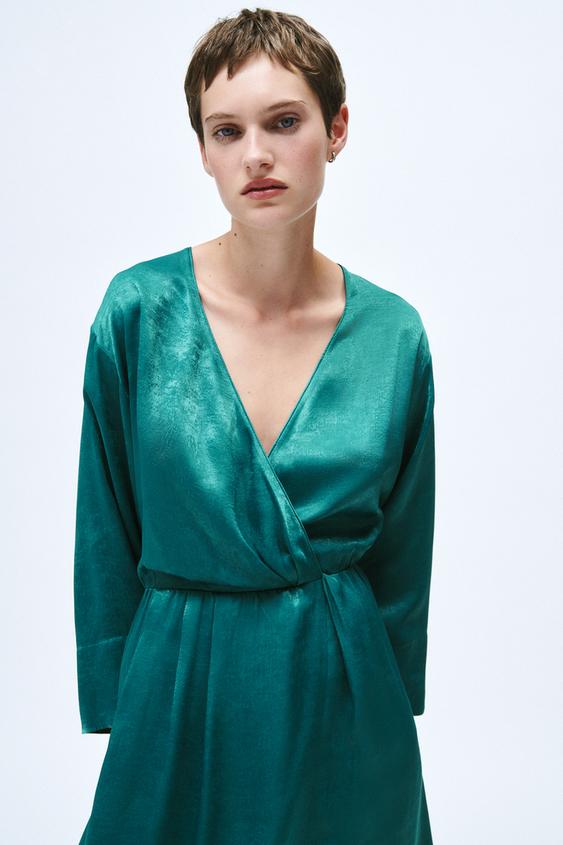 サテン ミディワンピース テールグリーン Zara Japan 日本 サテン ミディワンピース テールグリーン Zara Japan 日本
