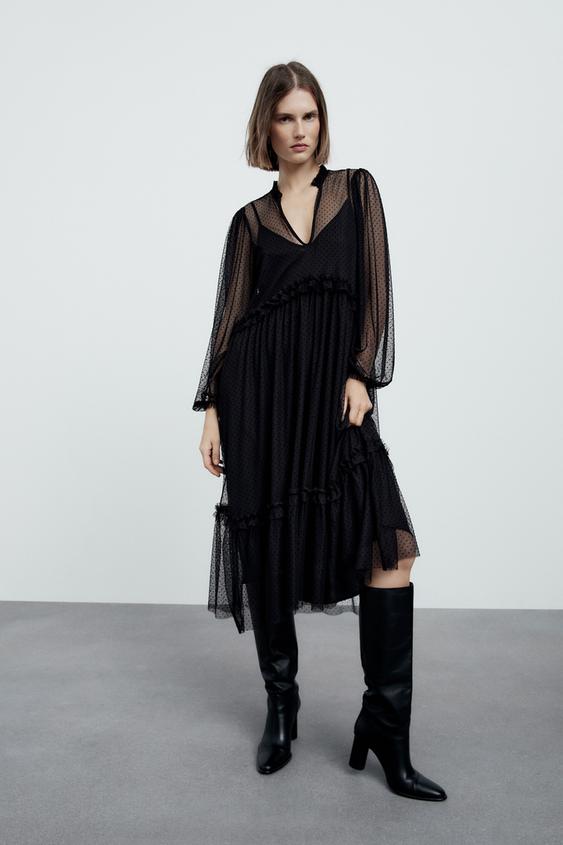 ドット柄チュールワンピース ブラック Zara Japan 日本 ドット柄チュールワンピース ブラック Zara Japan 日本