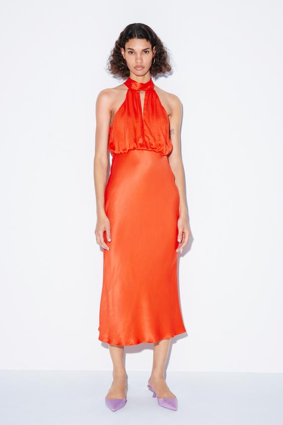 ホルターネック サテン ワンピース オレンジ色 Zara Japan 日本 ホルターネック サテン ワンピース オレンジ色 Zara Japan 日本