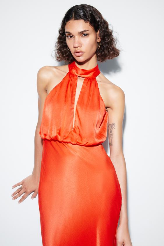 ホルターネック サテン ワンピース オレンジ色 Zara Japan 日本 ホルターネック サテン ワンピース オレンジ色 Zara Japan 日本
