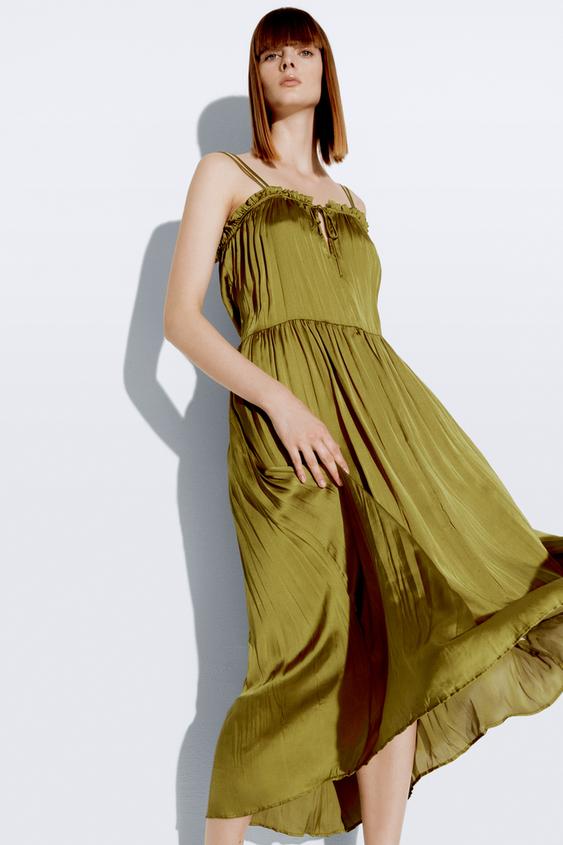 フルイドサテンテイストワンピース オリーブグリーン Zara Japan 日本 フルイドサテンテイストワンピース オリーブグリーン Zara Japan 日本