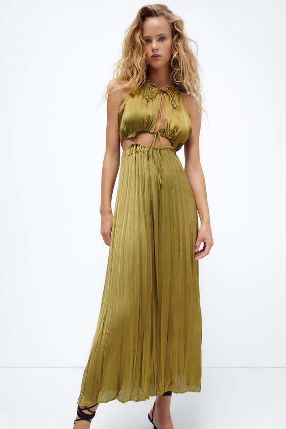 カットアウトディテール入りサテンワンピース オリーブグリーン Zara Japan 日本 カットアウトディテール入りサテンワンピース オリーブグリーン Zara Japan 日本