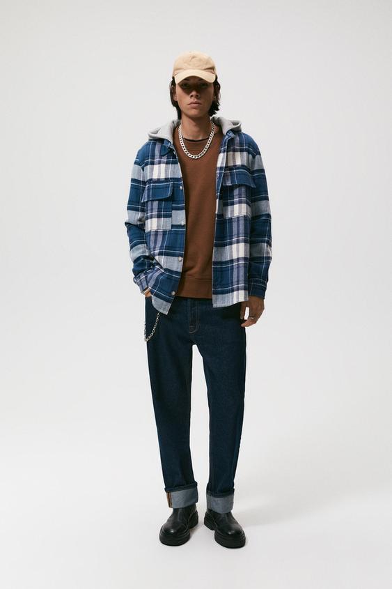 HOODED CHECK OVERSHIRT - Blue | ZARA 