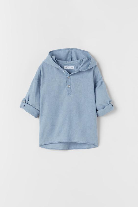 LINEN BLEND HOODED SHIRT - Blue | ZARA 