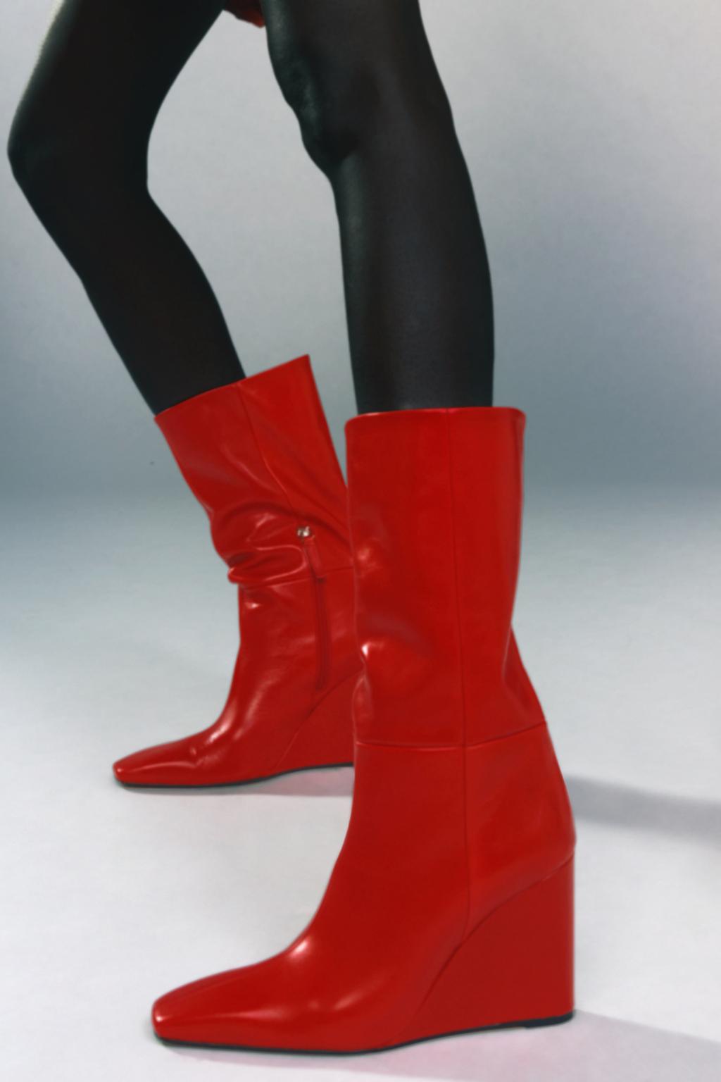 ZARA - LEATHER WEDGE ANKLE BOOTS - Red