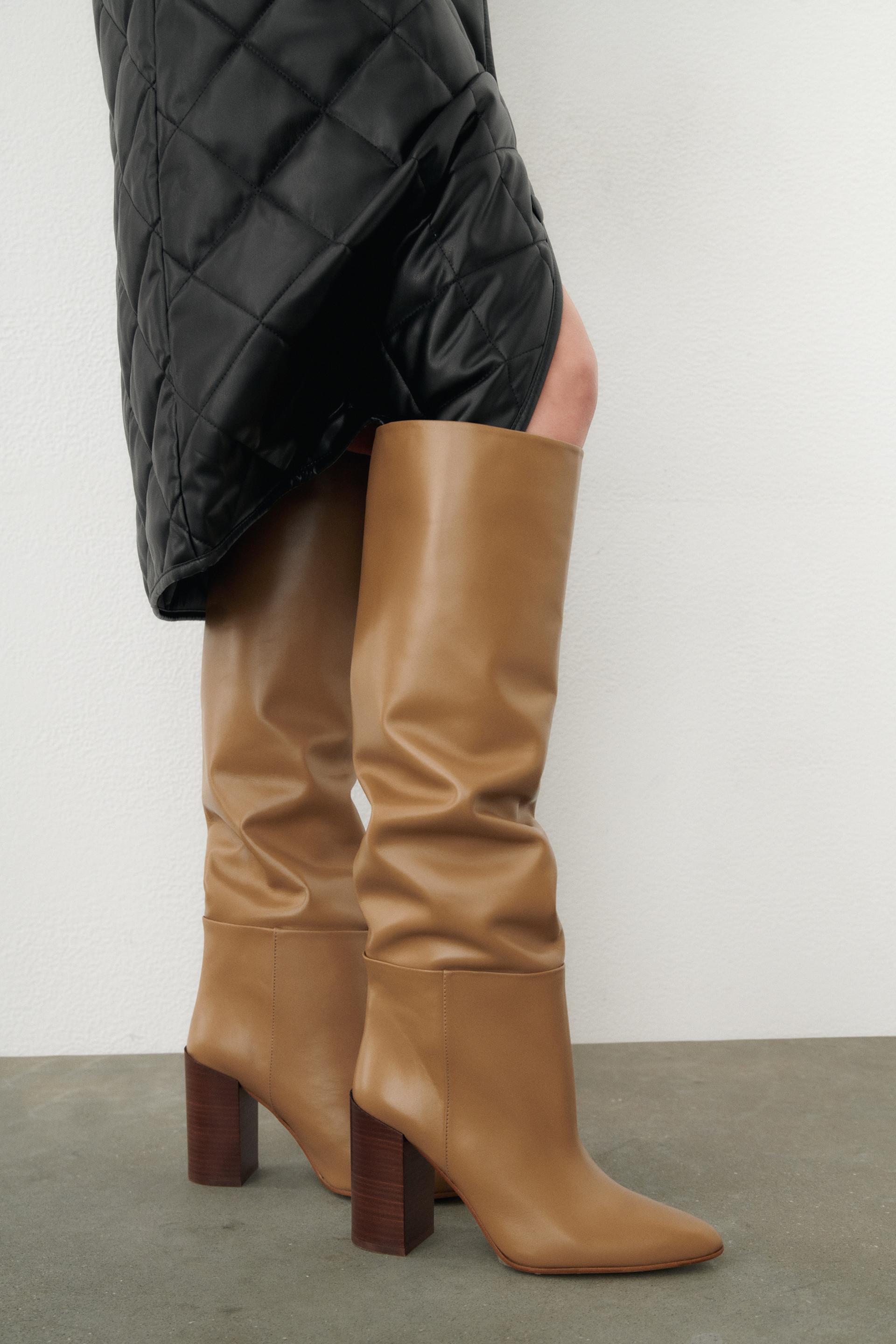 knee high brown leather boots with heel