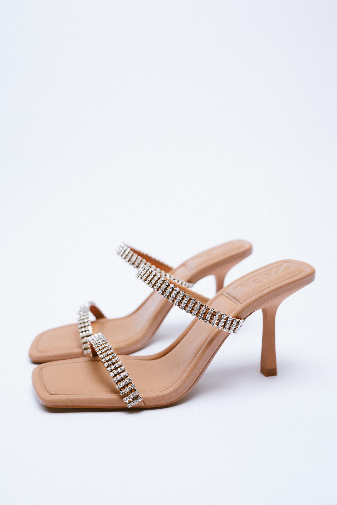 Zara Heeled leather sandals in beige with 2 thin straps across the front with silver rhinestone detailing. Squared toe.