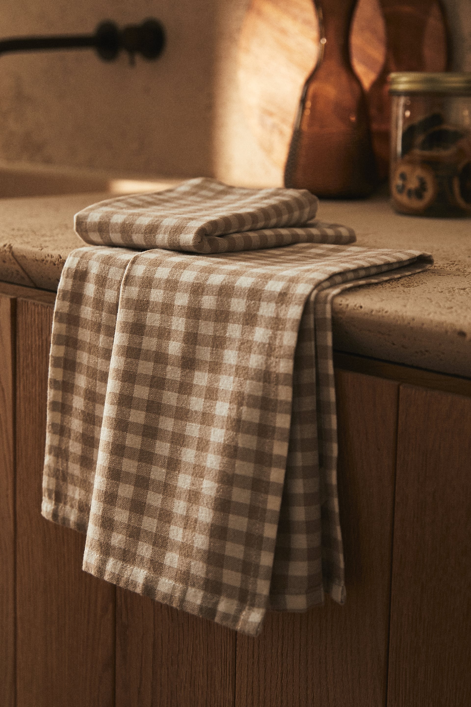 CHECK COTTON KITCHEN TOWEL (PACK OF 3) - Brown / Taupe