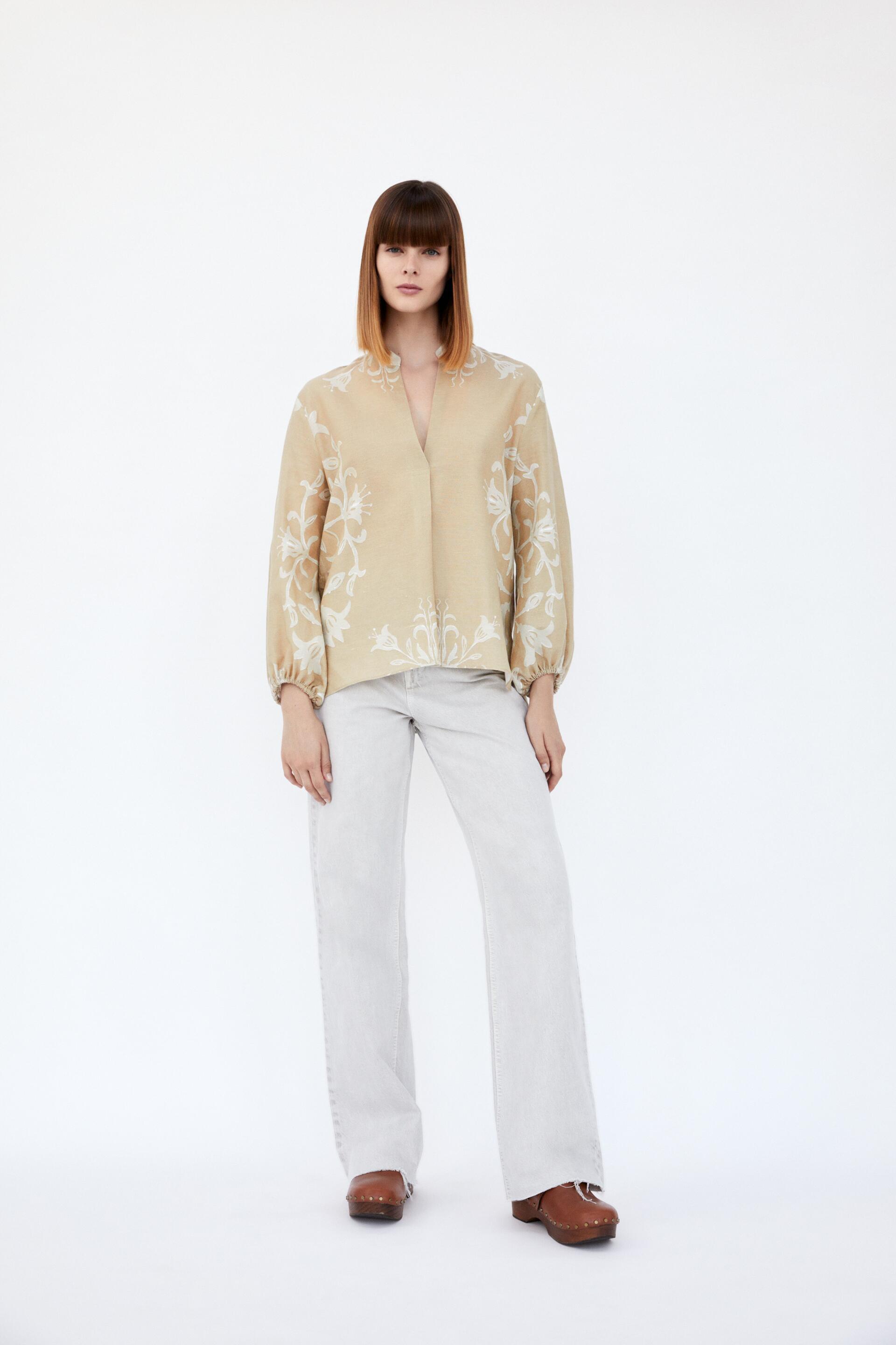PRINTED LINEN BLEND BLOUSE - Sand 