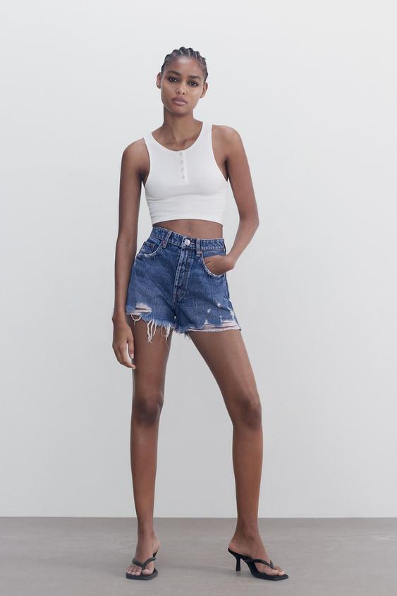Zara frayed high rise denim shorts Clearance