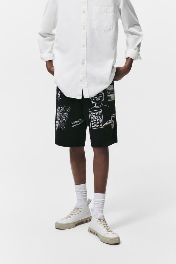 PRINTED DENIM BERMUDA SHORTS - Black 