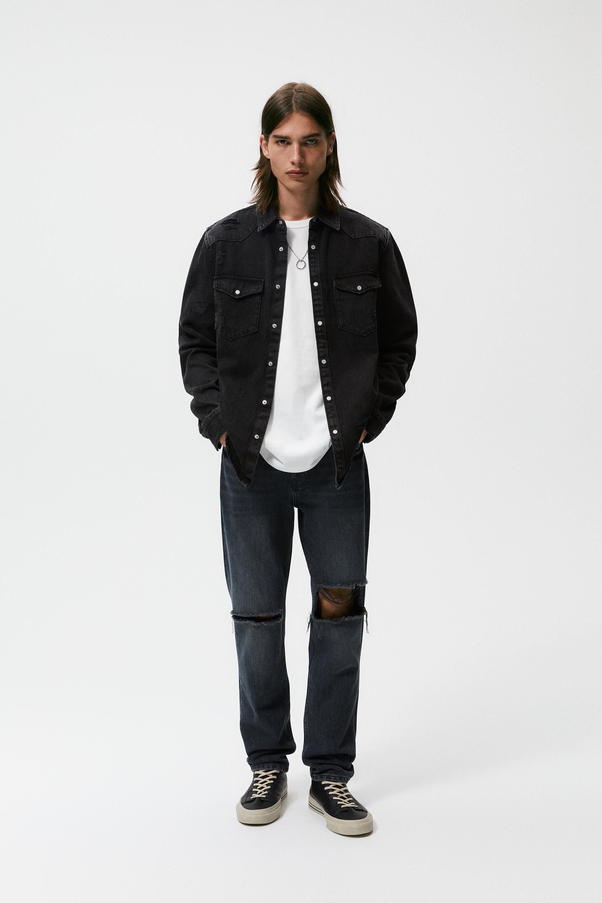 RIPPED DENIM OVERSHIRT - Light sand 