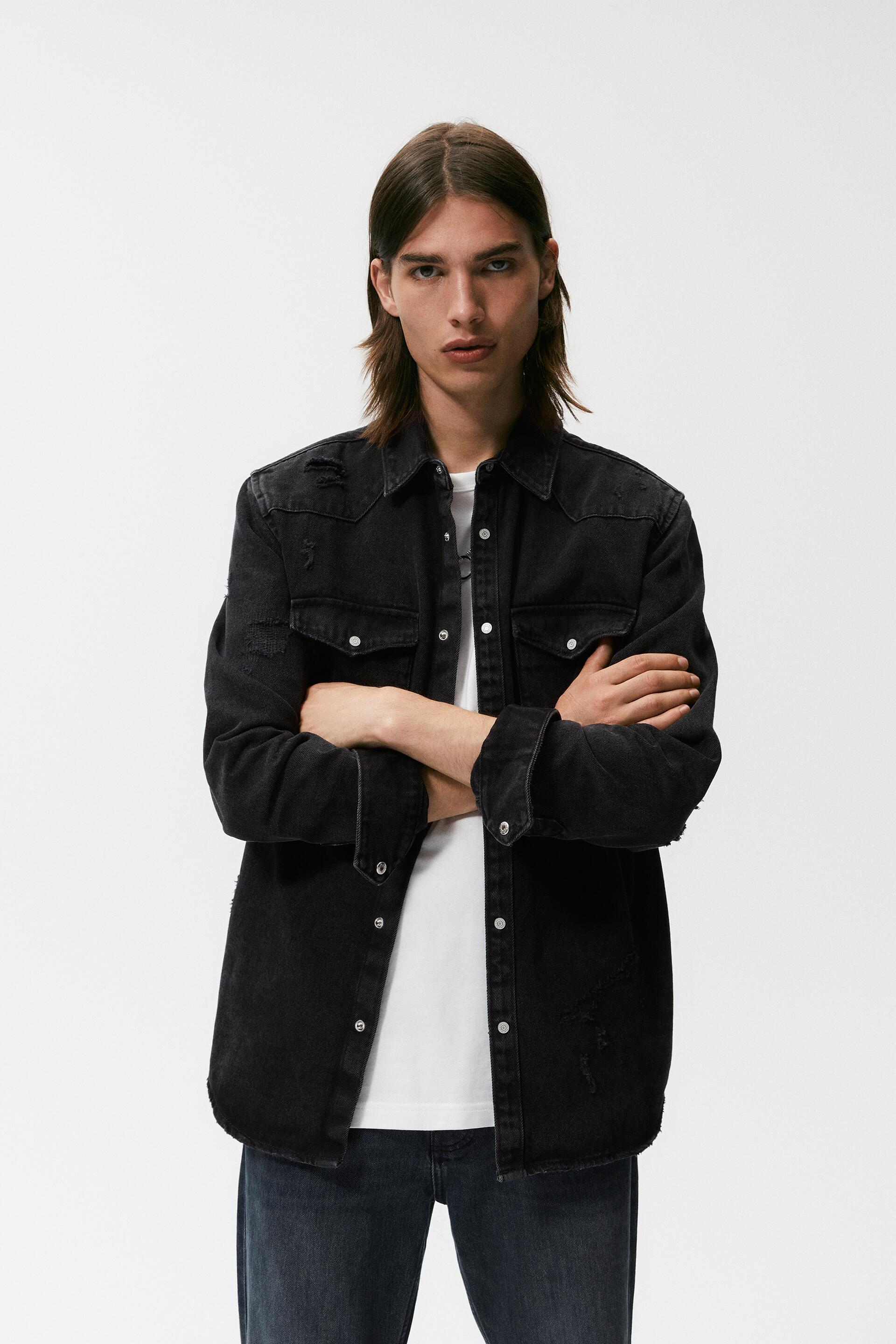 RIPPED DENIM OVERSHIRT - Light sand 
