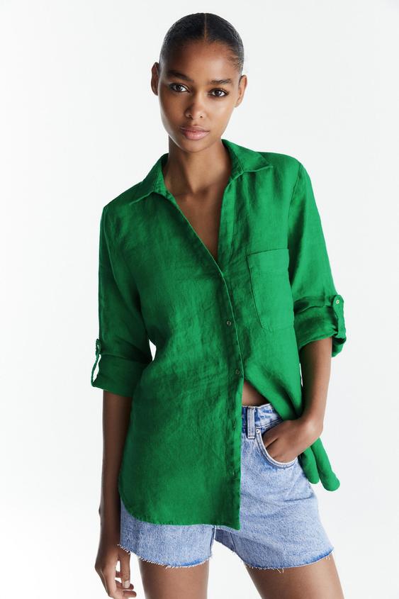 Green linen blouse