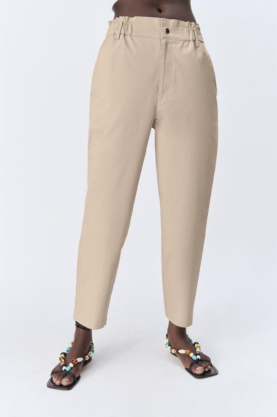 POPLIN PAPERBAG TROUSERS - camel | ZARA 