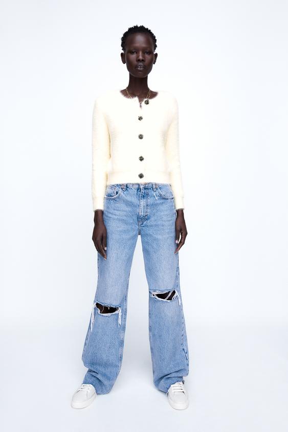 ラインストーンボタン フェイクファーカーディガン Zara Japan 日本 ラインストーンボタン フェイクファーカーディガン Zara Japan 日本