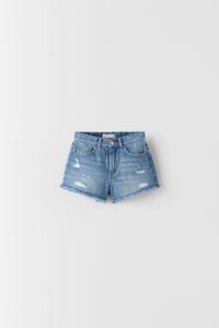 HIGH-WAIST DAMAGED DENIM BERMUDA SHORTS 