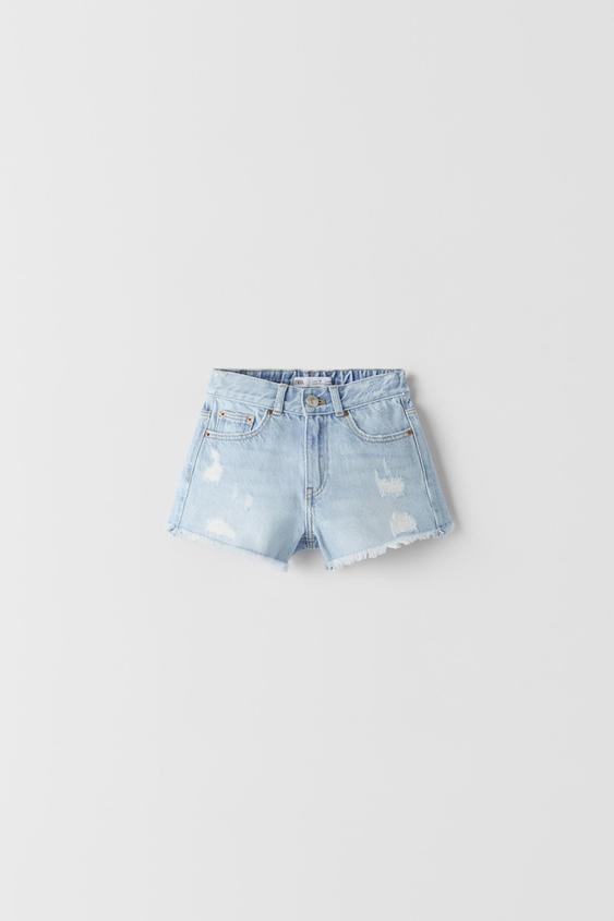 HIGH-WAIST DAMAGED DENIM BERMUDA SHORTS