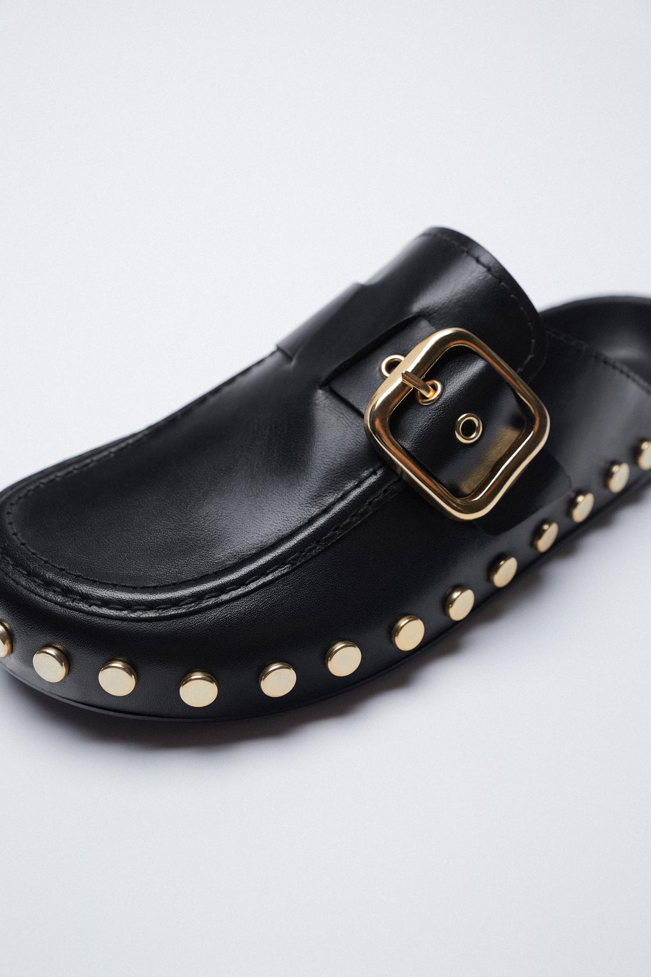 Image 4 of FLAT LEATHER CLOGS WITH STUDS AND BUCKLE from Zara