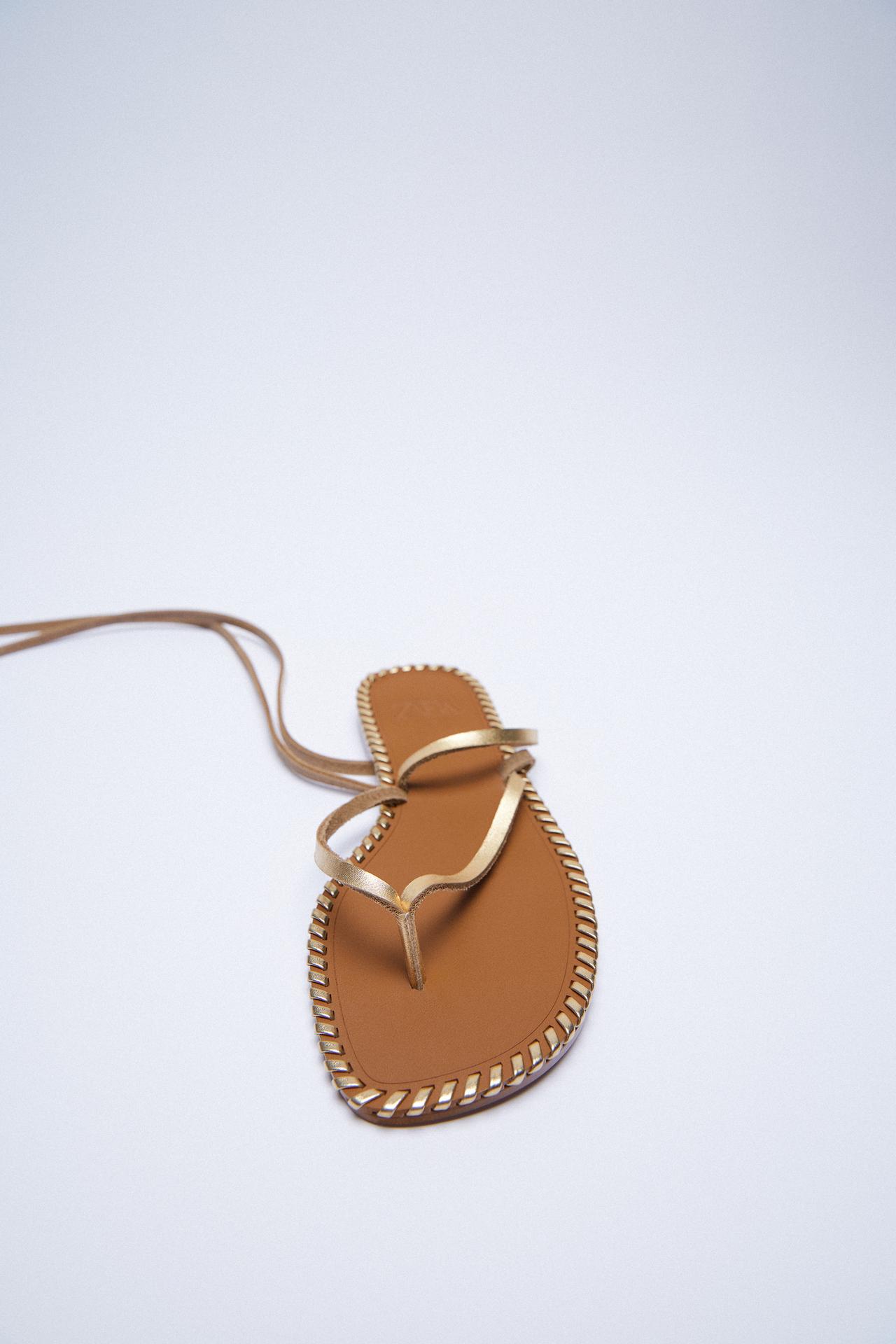 Zara TIED FLAT LEATHER SANDALS WITH TOPSTITCHING, £29.99