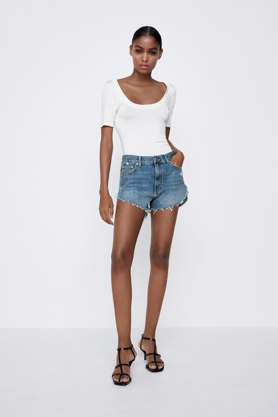 zara long denim shorts