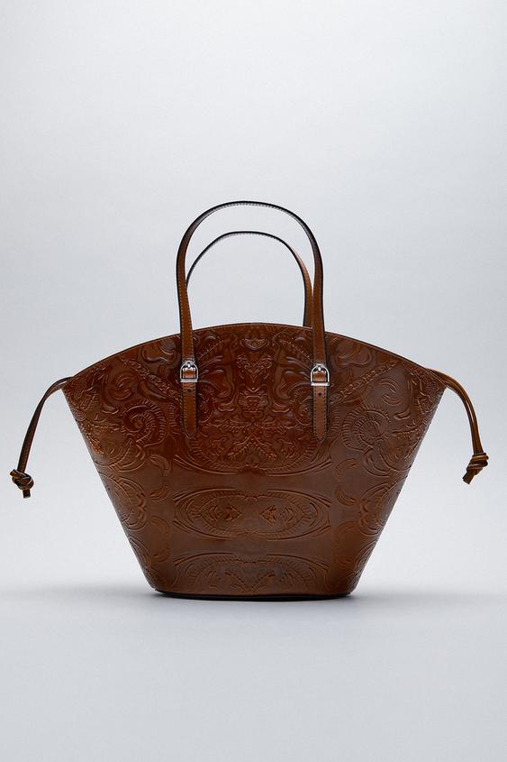 Embossed Leather Tote Bag Brown Zara New Zealand