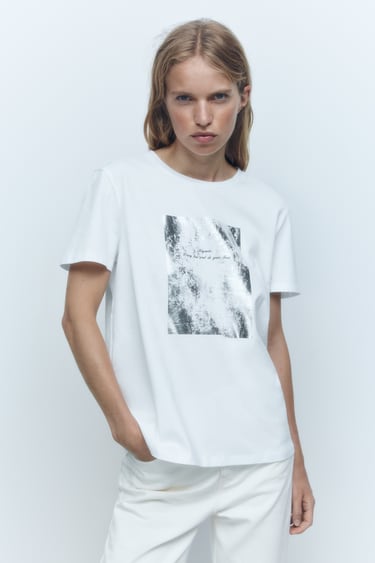 Image 0 of T-SHIRT WITH SHIMMERY SLOGAN from Zara