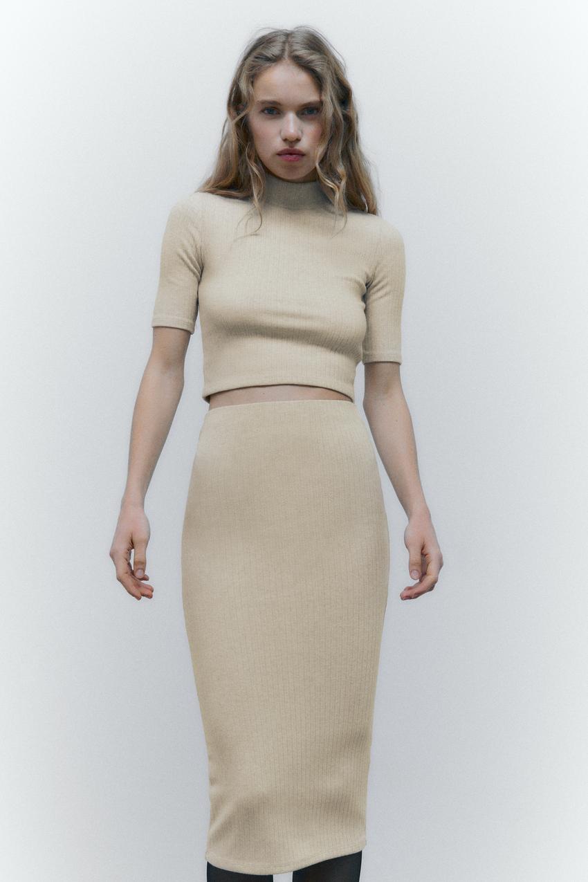 RIBBED HIGH NECK TOP - Beige marl | ZARA Angola