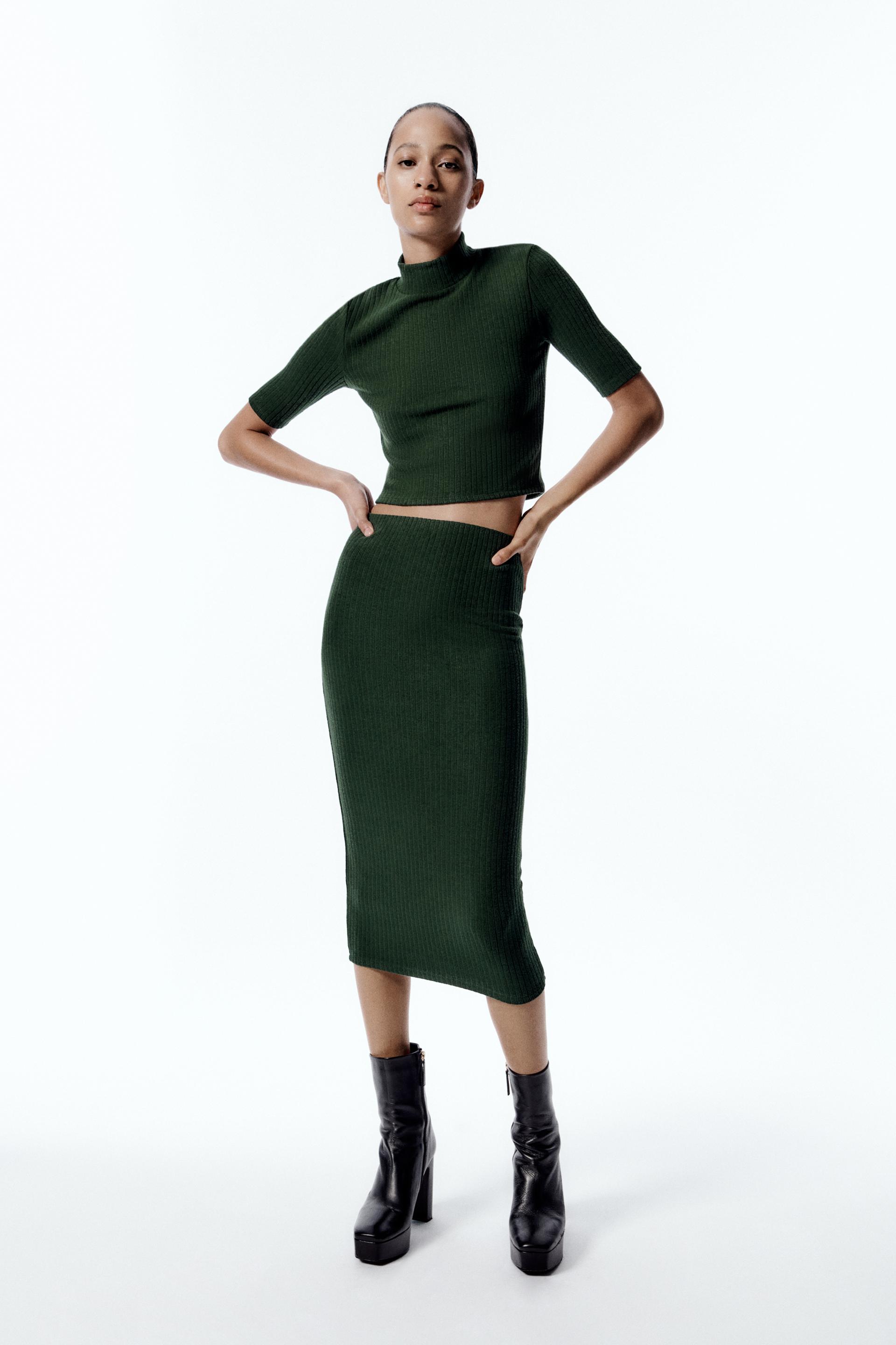 Zara - Ribbed Midi Skirt - Dark Green - Women
