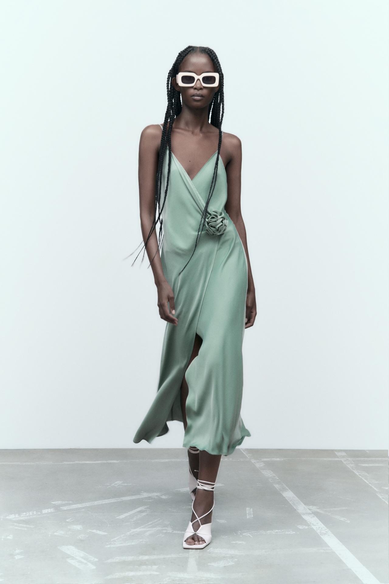 Zara new in sea green midi dress with a surplice neckline and thin straps. Featuring a front flower corsage detail at the hip and slit at the hem.