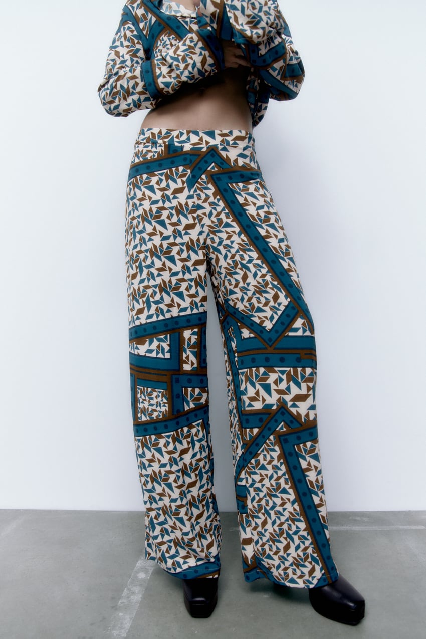 FLOWING SCARF PRINT TROUSERS - white/turquoise