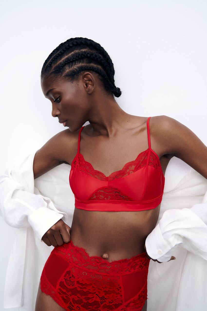 SATIN EFFECT LACE BRALETTE - Red