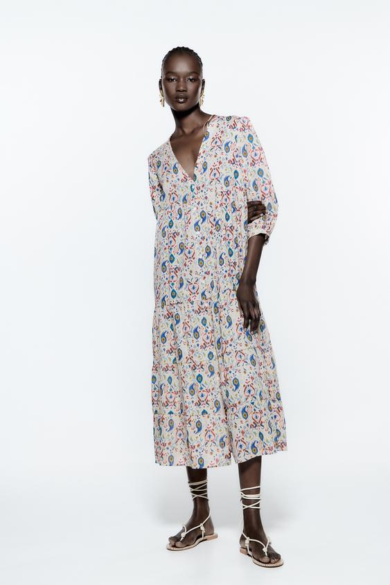 ロング丈プリント柄ワンピース エクリュ Zara Japan 日本 ロング丈プリント柄ワンピース エクリュ Zara Japan 日本