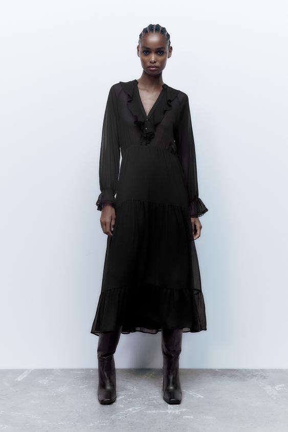 ミディ丈フリルワンピース ブラック Zara Japan 日本 ミディ丈フリルワンピース ブラック Zara Japan 日本