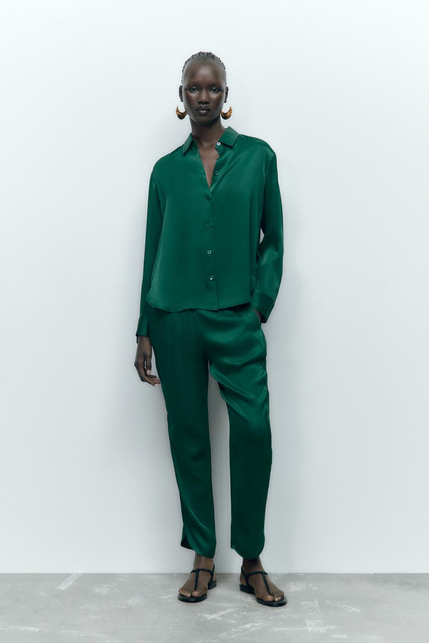 Green satin trousers zara Clearance