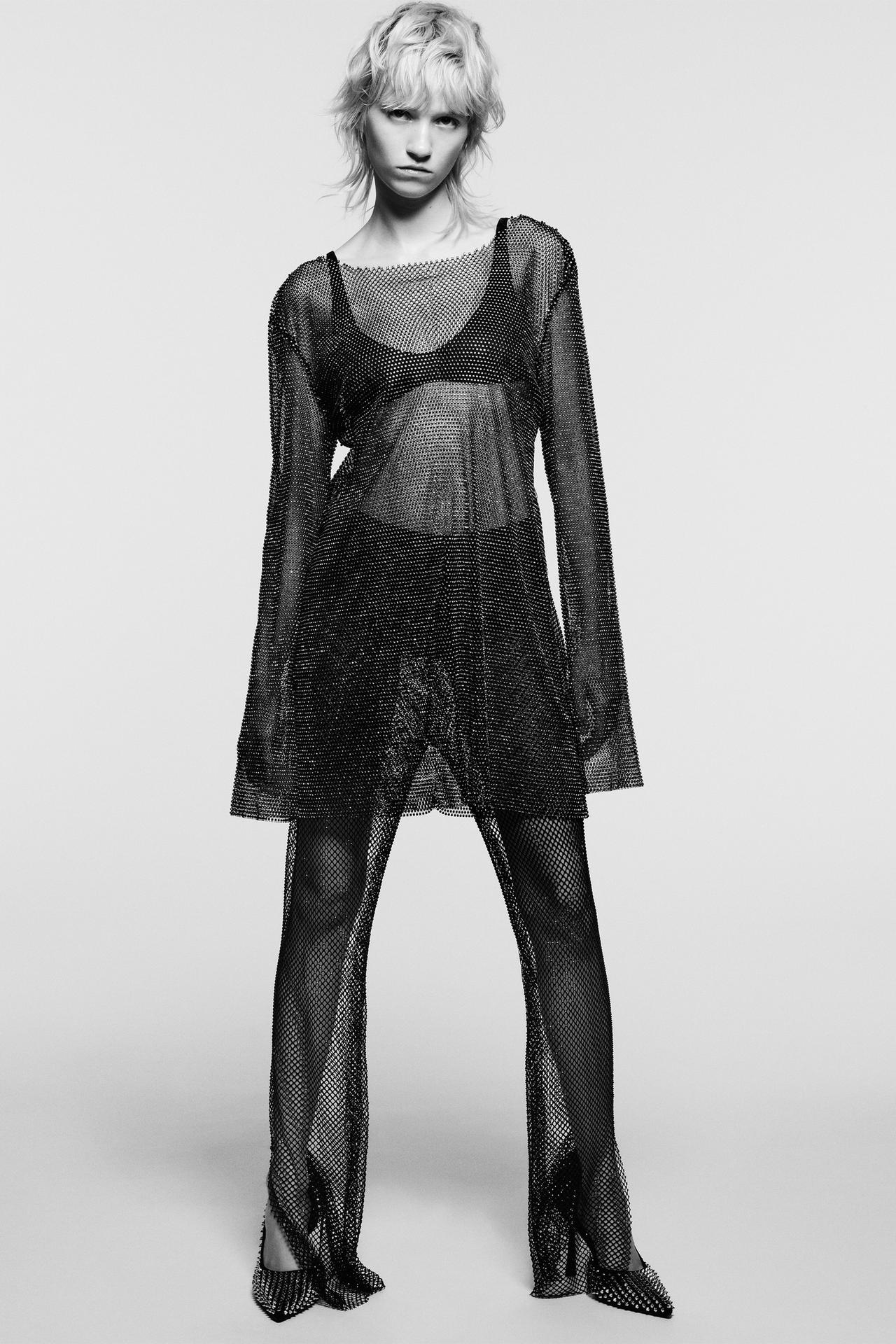 Zara black Semi-sheer trousers made of stretch mesh fabric. Featuring a high waist, elastic waistband and rhinestone appliqués.