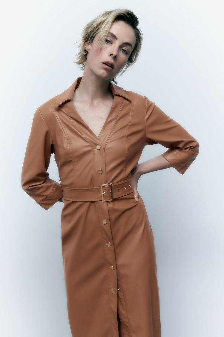 フェイクレザー ミディワンピース ゴールデンブラウン Zara Japan 日本 フェイクレザー ミディワンピース ゴールデンブラウン Zara Japan 日本