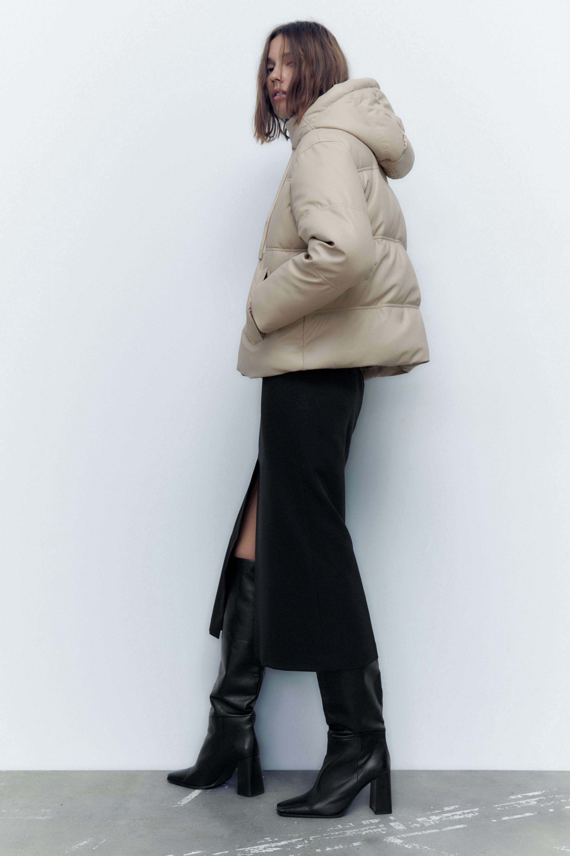 Zara - Faux Leather Puffer Jacket - Ecru - Women