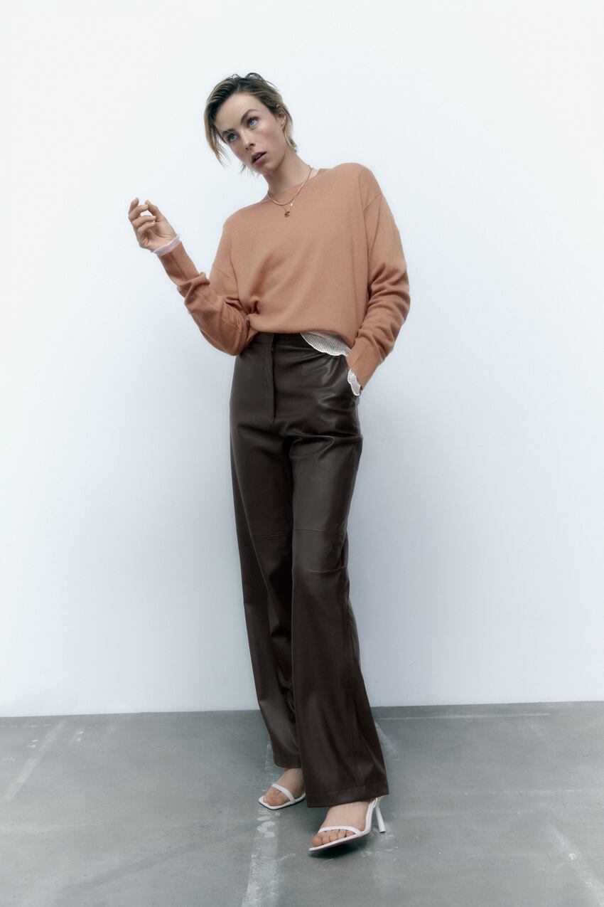 FAUX LEATHER TROUSERS WITH DARTS - Brown