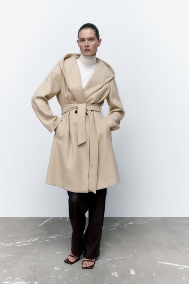 Image 0 of BELTED HOODED SOFT COAT from Zara