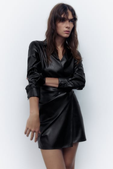 Image 0 of DRAPED FAUX LEATHER SHIRT DRESS from Zara
